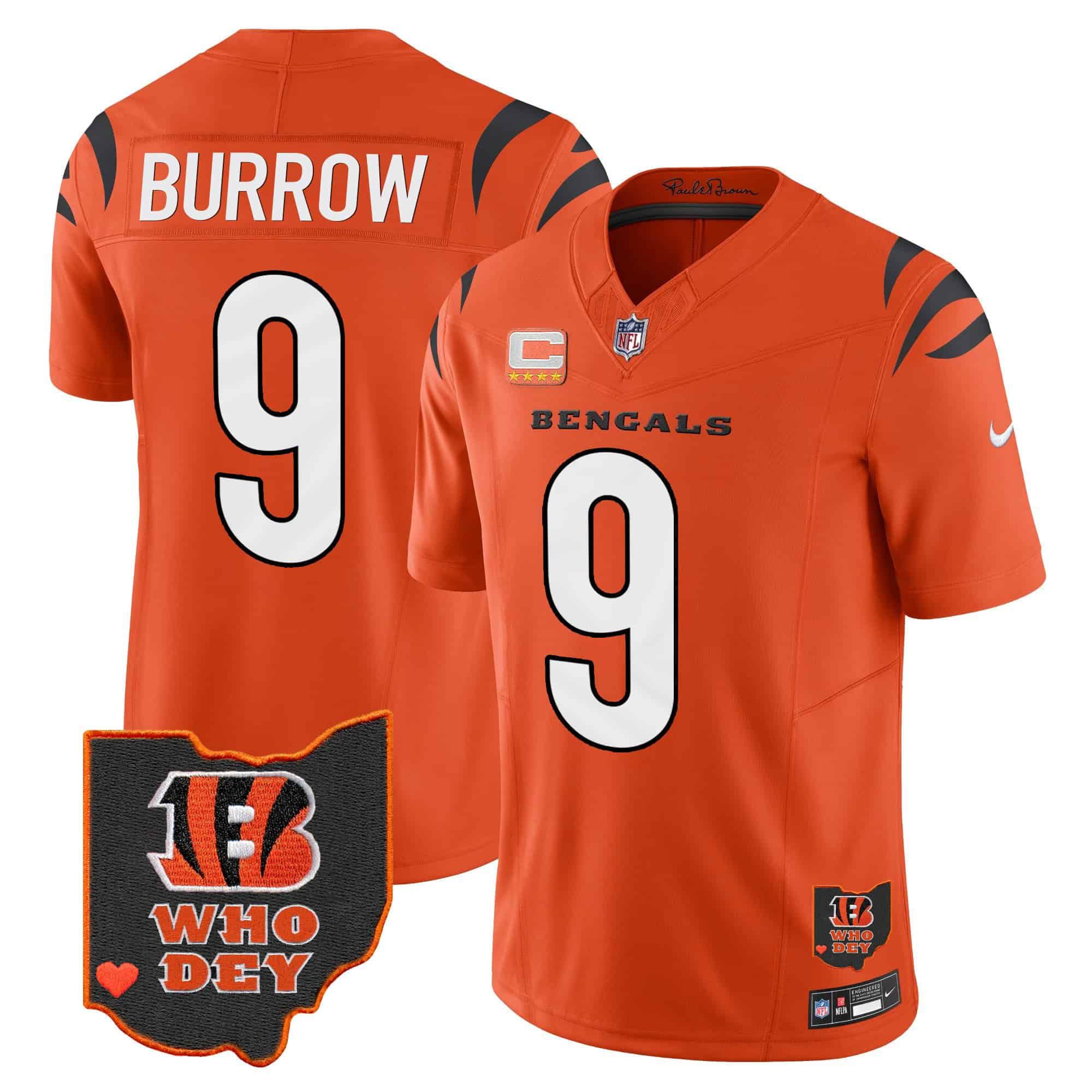 Men Cincinnati Bengals 9 Burrow Orange 2024 Nike Patch Vapor Limited NFL Jersey